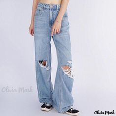 Olivia Mark - Contemporary High-Waisted Distressed Wide-Leg Jeans - Light Blue Casual Summer Bottoms With Holes, Casual Denim Bottoms With Distressed Detail, Casual Denim Bottoms With Holes, High Rise Summer Bottoms With Holes, Trendy Cotton Bottoms With Holes, High Rise Medium Wash Bottoms With Holes, Spring Medium Wash Bottoms With Holes, Casual High Waist Ripped Bottoms, High Waist Casual Bottoms With Holes