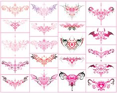 the different types of tattoos and designs on this page are shown in red, pink, blue