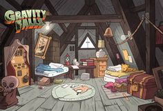 an animated image of a bedroom with many items on the floor and in the ceiling