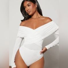 Nwt Shein White Mesh Overlay Bodysuit - Size L 8/10 White Bodysuit Outfit, White Body Suit, Elegant Bodysuit, Comfy Jumpsuits, Lantern Sleeved Blouses, Body Suit Outfits, Plain Shirt, White Bodysuit, Mesh Overlay