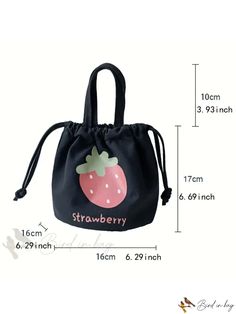 Bird in Bag - Strawberry Print Canvas Dotted Cosmetic Bag, Lunch Bag, Snack Storage Pouch, Tote Bag, Ideal for Travel and Casual Zipper Pouch Bag As Gift, Cute Portable Lunch Bag, Cute Pouch Bucket Bag For Daily Use, Cute Bucket Bag For Daily Use, Cute Daily Use Pouch Bucket Bag, Large Capacity Pouch Lunch Bag For School, Large Capacity Lunch Bag For School, Cute Black Bag With Zipper Pouch, Large Capacity Pouch As A Gift