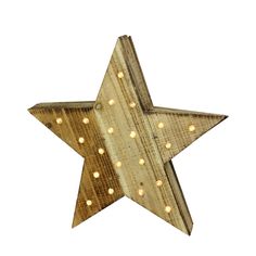 a wooden star with light bulbs on it's side, against a white background