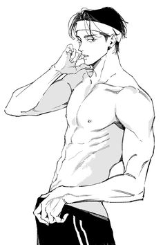 a black and white drawing of a shirtless man talking on a cell phone with his hand to his ear