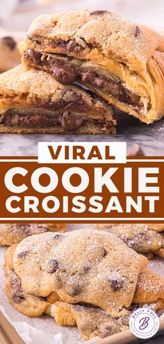 chocolate chip cookies are stacked on top of each other with the words virtual cookie croissant