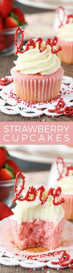 strawberry cupcakes with white frosting and red sprinkles