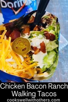 walking taco with Cool Ranch Doritos Walking Taco Ideas, Frito Walking Taco, Walking Chicken Tacos, Walking Meals, Walking Meals In A Bag, Walking Food Ideas, Bacon Recipes For Dinner, Walking Tacos Recipe, Concession Stand Food