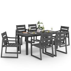 an outdoor dining table with six chairs and a vase on the side, set against a white background