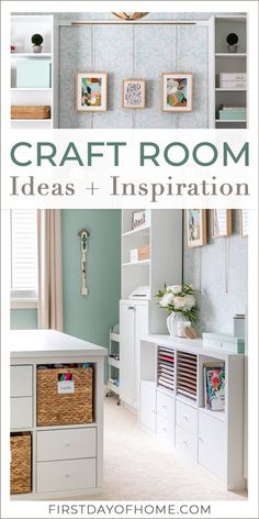 Collage of craft room photos showing craft room furniture, cube storage, and wall decor. Text overlay reads "Craft Room Ideas + Inspiration" Joanna Gaines Craft Room, Office Scrapbook Room, Silhouette Craft Room Ideas, Craft Room Makeover Before After, Study/craft Room Ideas, Pretty Craft Storage, Mint Craft Room, Built In Shelves Craft Room, Art Room Makeover Ideas