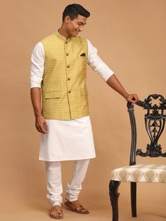 Vastramay mens yellow color cotton nehru jacket with white color kurta and white pyjama set Nehru Jacket With Kurta, White Pajamas, Kurta Pyjama, Nehru Jacket, Party Fits, Nehru Jackets, Yellow Fabric, Pyjama Set, Jacquard Fabric