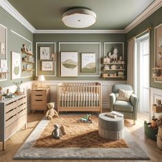 a baby's room with green walls and pictures on the wall