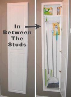 two pictures with the same door open and one has a mop in between them