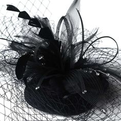 a black hat with feathers and netting on it