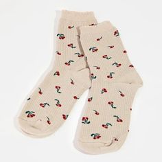 Cherry Socks. Available In Beige Or Purple. Womens Socks Beige Cotton Socks For Summer, Casual Spring Socks, Casual Mid-calf Socks For Spring, Casual Cotton Summer Socks, Trendy Beige Cotton Socks, Comfortable Beige Socks For Summer, Comfortable Beige Summer Socks, Casual Cream Socks For Spring, Casual Beige Socks For Fall