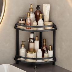 a bathroom shelf filled with lots of different types of soaps and lotion bottles