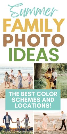 Collage of summer family photo ideas. Family Photo Colors Summer, Summer Family Photo Outfit Ideas, Summer Family Photoshoot Color Schemes, Family Photo Ideas Summer, Beach Photo Color Scheme Family Pics, Family Photo On The Beach, Summer Color Schemes For Family Pictures, June Family Pictures Outfits