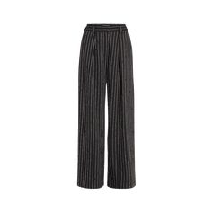 Ulla Johnson "Sylvie" pinstripe suiting pants tailored with front pleats Approx. measurements: 12.0" rise; 32" inseam; 43.125" outseam High rise Back patch pockets Full length Exaggerated wide legs Hook-and-bar, zip closure Wool/cotton/polyester Lining: Polyester Dry clean, professional cleaning recommended Imported