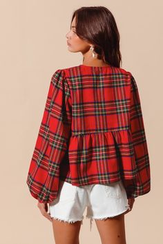 Red Plaid bow detail blouse -unlined -non-sheer -lightweight -fabric content - 100% Polyester Red Christmas Top, Outfit Rotation, Cheer Dress, Umgee Clothing, All Is Calm, Checkered Blouse, Rompers Dressy, Umgee Dress, So Me