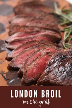 london broil on the grill with rosemary garnish