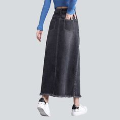 Revive the Nineties with our 2023 Autumn Collection grey long denim skirt a classic ageless reimagined for a couture wardrobe!Why It's Destined to Be Your New FavoriteThis skirt is a masterful blend of vintage charm and contemporary grace. Its medium wash. high waist and extended length exude timeless elegance. making it a must-have for vogue-forward wardrobes.Exquisite Features: A-line Silhouette: Crafted with a flattering A-line cut. this skirt skims your curves. offering both trend and comfor Straight Leg Skirt With Frayed Hem For Fall, Spring Washed Black Denim Skirt With Pockets, Gray Bottoms With Frayed Hem For Fall, Gray Denim Skirt For Spring, Gray Trendy Denim Skirt For Spring, Trendy Gray Denim Skirt For Spring, Trendy Gray Denim Skirt, Gray Frayed Hem Jeans For Spring, Washed Black Denim Skirt For Spring