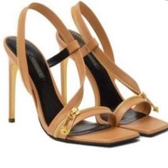 Brand New Size 38.5 Versace 95mm Safety Pin Zipper Heel Versace Safety Pin, Lace Sandals, High Sandals, Strappy Stilettos, Zipper Heels, Versace Collection, Leather Heels Sandals, Leather Sandals Flat, Leather Slide Sandals