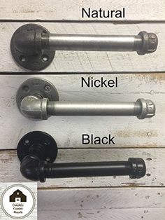 three different types of metal curtain rods on a white wooden wall with the names nickel, black and natural