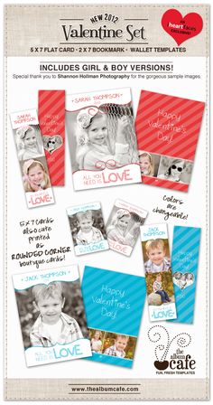 valentine's day photo cards with the words, love and hearts in red, blue,