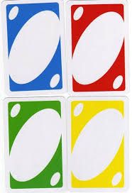 four different colored playing cards with circles on them, one is white and the other is blue