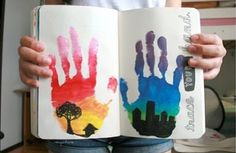 a person holding an open book with hand prints on it