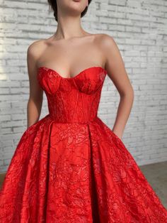 Red Fitted Ball Gown, Fitted Brocade Evening Dress For Gala, Elegant Red Strapless Ball Gown, Red Fitted Ball Gown With Sweetheart Neckline, Glamorous Brocade Formal Dress, Glamorous Formal Brocade Dress, Elegant Red Strapless Corset Dress, Formal Brocade Gown With Fitted Bodice, Brocade Dresses With Fitted Bodice For Evening