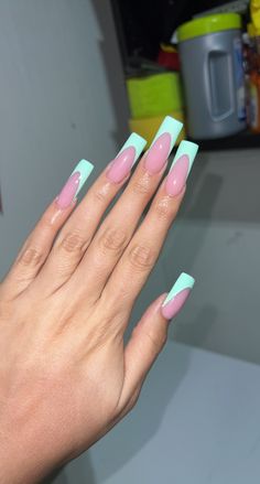 Mint French Nails, Mint French Tip Nails, Aqua Green Nails, Turquoise French Tip Nails, Teal French Tip Nails, Green French Tips, French Acrylics, Mint Nails, Turquoise Nails