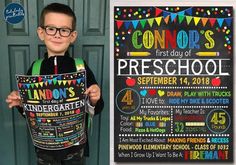 a young boy holding up a sign in front of a chalkboard that says, first day of preschool