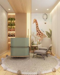 a living room with a giraffe painting on the wall next to a chair