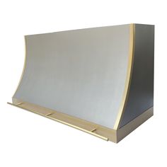 a silver and gold colored stove hood on a white background with the bottom half open