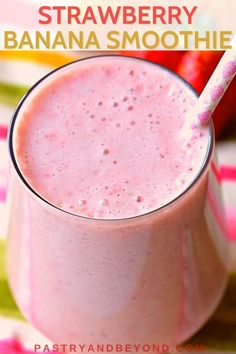 strawberry banana smoothie in a glass with a straw on the top and text overlay