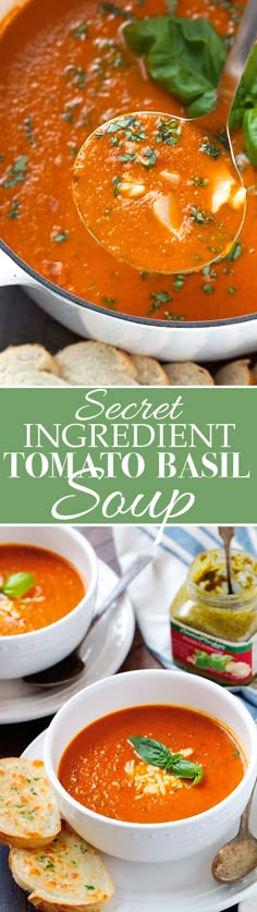 there is a bowl of tomato basil soup with crackers and bread on the side