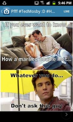 a couple kissing under an umbrella with the caption'if you ever want to know how a married couple met whatever you do don't ask this guy