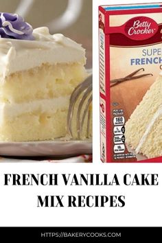 there is a piece of cake with white frosting next to a box of french vanilla cake mix