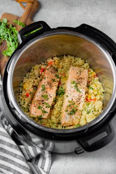 salmon and rice in an instant pot with parsley