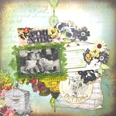 an altered photo with flowers and pictures on the side, in front of a birdcage