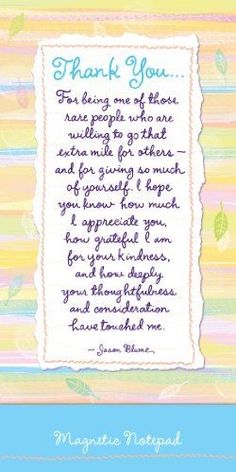 a thank card with the words, thank you and leaves in blue ink on a multi - colored striped background