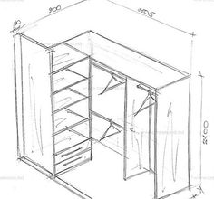 a drawing of a closet with shelves and drawers