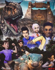 the poster for disney's land of dinosaurs is shown in front of an image of two