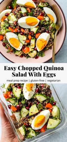 an image of a salad with eggs in it and the text easy chopped quinoa salad with eggs