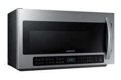 a black samsung microwave oven with the door open and its electronic display on it's side