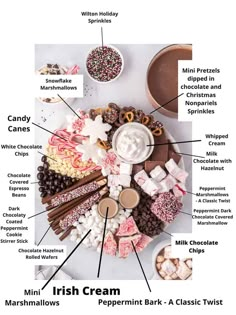 an overhead view of different types of marshmallows, chocolate and other sweets