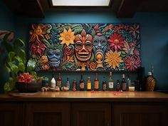 an art work on the wall behind a bar with liquor bottles and flowers in vases