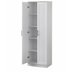 an empty white cabinet with shelves and doors