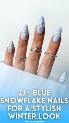 Cute Winter Nails Almond, Sweater Snowflake Nails, White And Blue Snowflake Nails, Pale Blue Christmas Nails, Pale Blue Winter Nails, Light Blue Christmas Nails Winter, Ice Blue Winter Nails, Snowflake Nail Designs Winter Wonderland, Ice Blue Christmas Nails