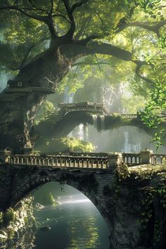 a bridge over a body of water surrounded by trees