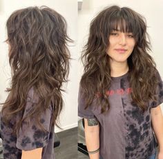 Chunky Layers With Bangs, Long Shag Haircut Back View, 70s Shag No Bangs, Long Wolf Cut With Bangs Wavy Hair, Modern Scene Haircut, Shag Haircut Unstyled, Emo Haircuts Long Choppy Layers, 70 Shag Haircut Long, Long Shag Round Face